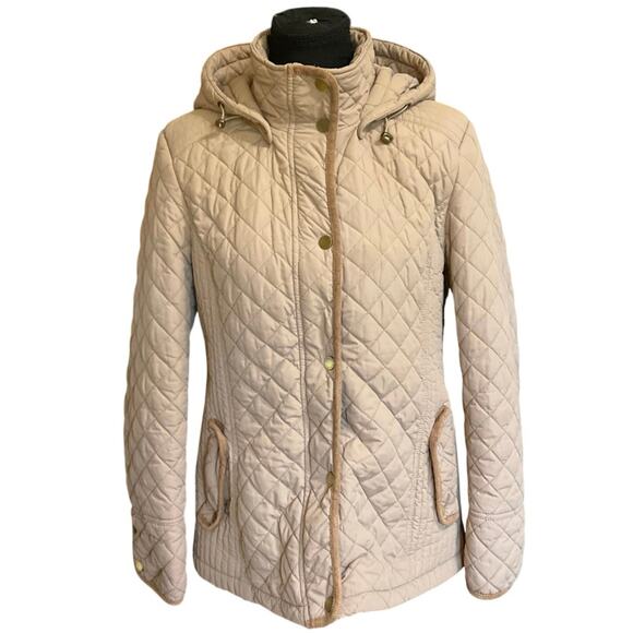 Gallery Weekend Light Tan Quilted Full Zip Light Weight Hooded Jacket Size L - Picture 1 of 11